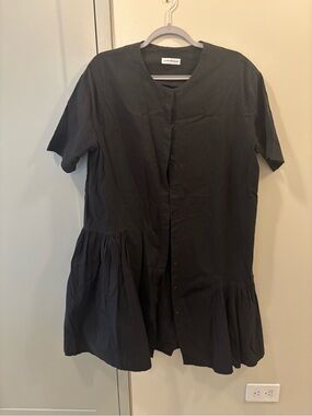 Black Button-Front Short Sleeve Tunic Dress